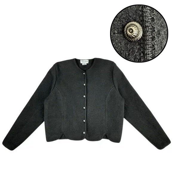 Vintage Jackets & Blazers - Vintage Womens Thick Wool Cardigan Jacket L Black Stretch Designed By Deans
